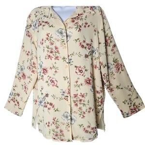 EL LA Design Floral Print Button Up Shirt Women M Yellow Long Sleeve Reversible